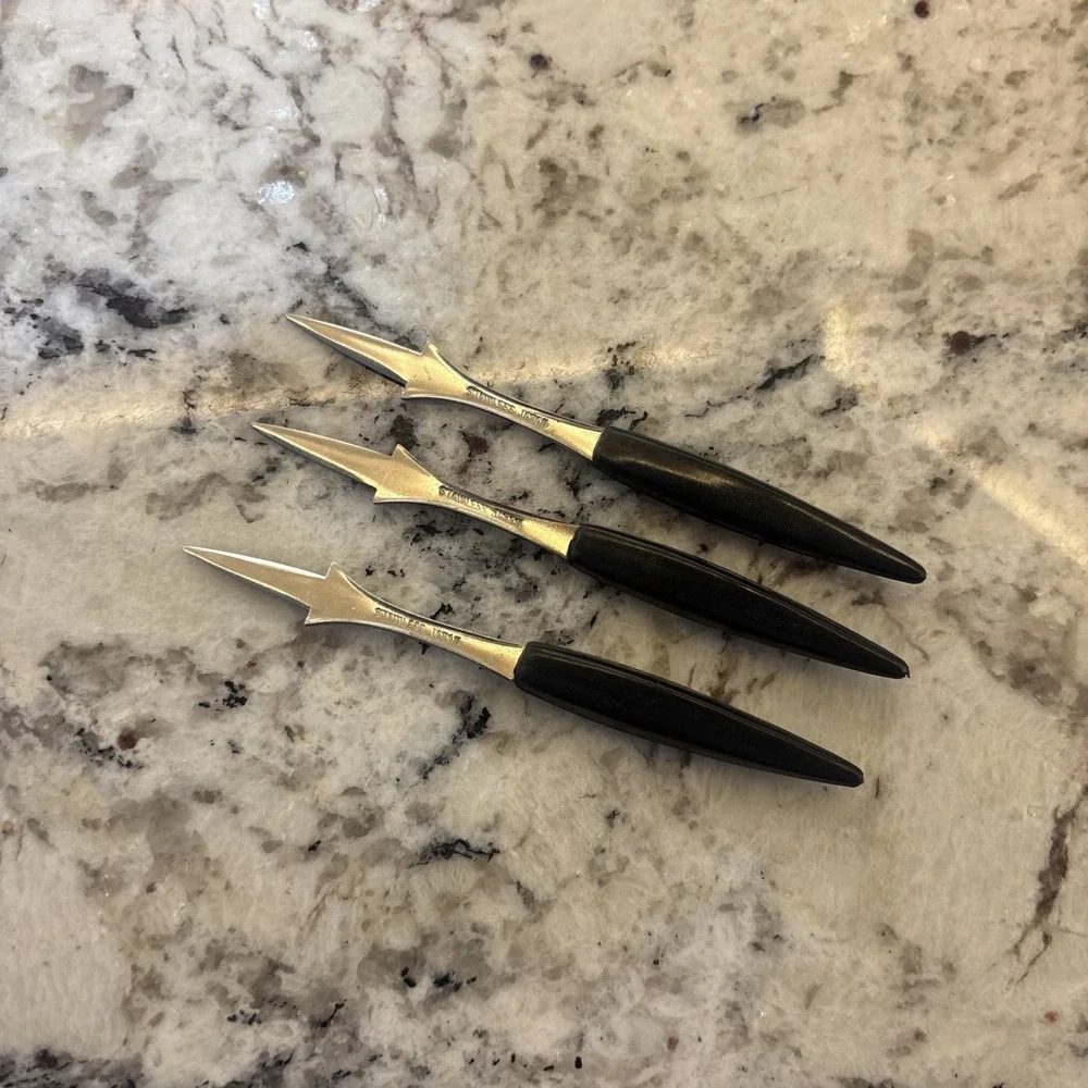 15‎ NOS Vtg MCM Hors d'oeuvres Stainless Black Handled Olive Picks Forks Japan